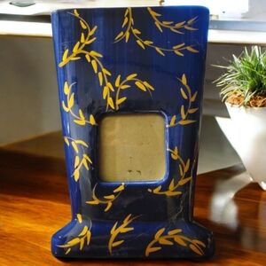 Vtg 1997 Frame/Vase Ceramic Blue Gold  Wheat Bud